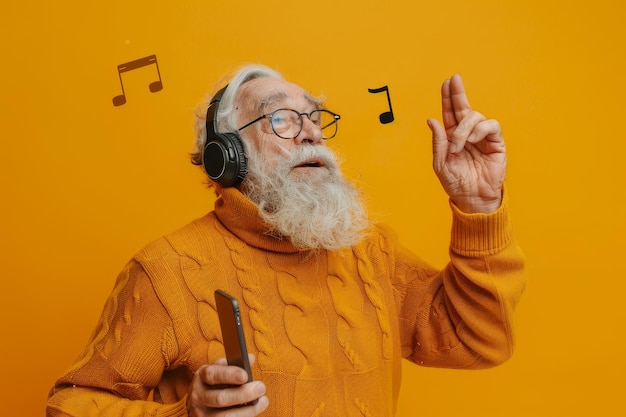 Älterer Mann genießt Musik mit Kopfhörern und Smartphone auf gelbem Hintergrund
