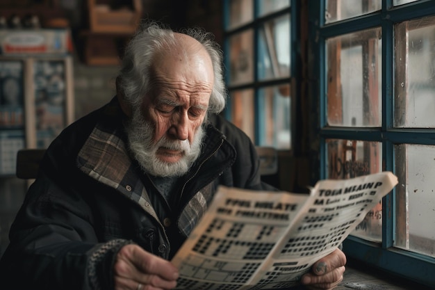 Foto Älterer mann liest zeitung in einem vintage-zimmer mit künstlicher intelligenz
