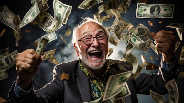 Foto Älterer mann steht unter geldfliegenregen