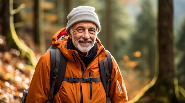 Älterer Mann wandert mit einem Spazierstock in der Natur