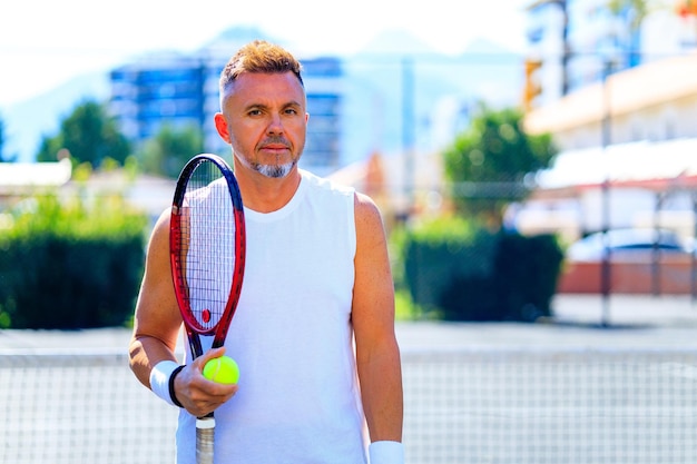 Foto Älterer tennisspieler, der draußen im sonnigen tag tennis spielt