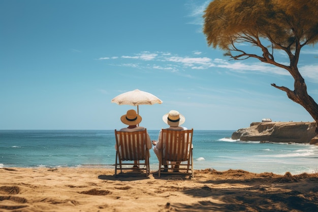 Älteres Ehepaar sitzt im Urlaub auf einer Sonnenliege direkt am Strand am Meer, Rückansicht