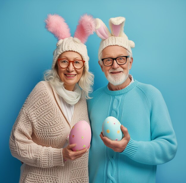 älteres grauhaariges Paar hält einen Osterkorb über einem pastellblauen Hintergrund isoliert