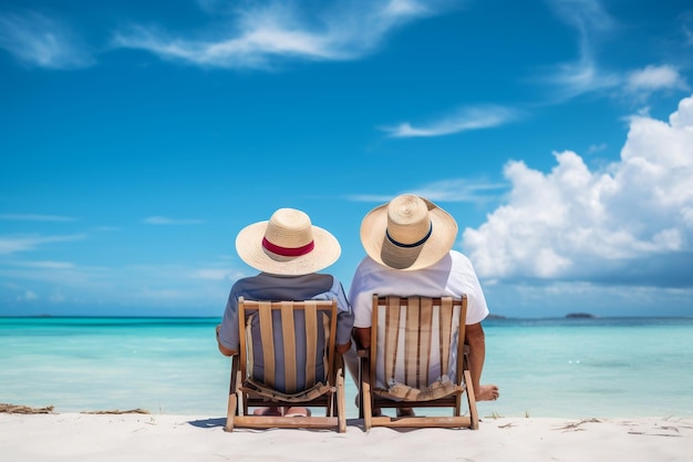 Älteres Paar entspannt am Strand mit generativem Ai gegen blauen Himmel