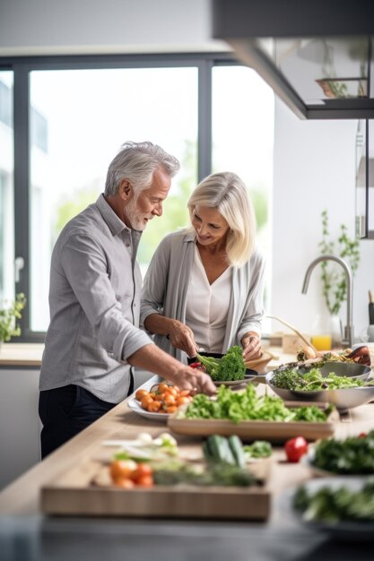 älteres Paar kocht zusammen Frühstück in ihrer geräumigen Küche