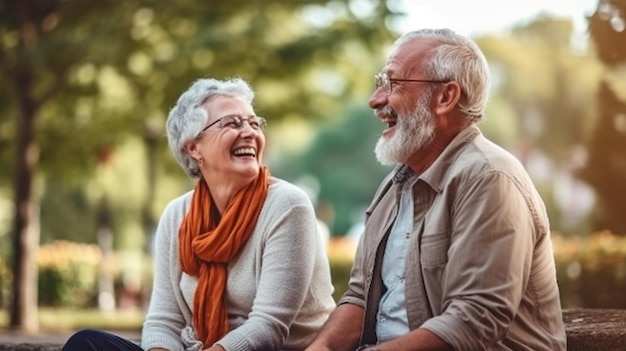 Älteres Paar lacht, während es sich im Park unterhält, Idee von Freundschaft, Spaß und Freizeit. Generative KI