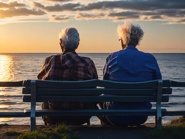 Älteres Paar sitzt bei Sonnenuntergang auf einer Bank am Meer