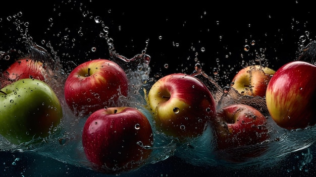 Äpfel in einem Wasser mit schwarzem Hintergrund