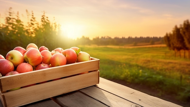 Äpfel in einer Holzkiste auf dem Tisch bei Sonnenuntergang auf einem Holztisch mit verschwommener Apfelplantage Generative Ai