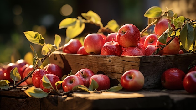 Äpfel in einer Holzkiste auf dem Tisch bei Sonnenuntergang Herbst und Ernte Konzept Generative KI