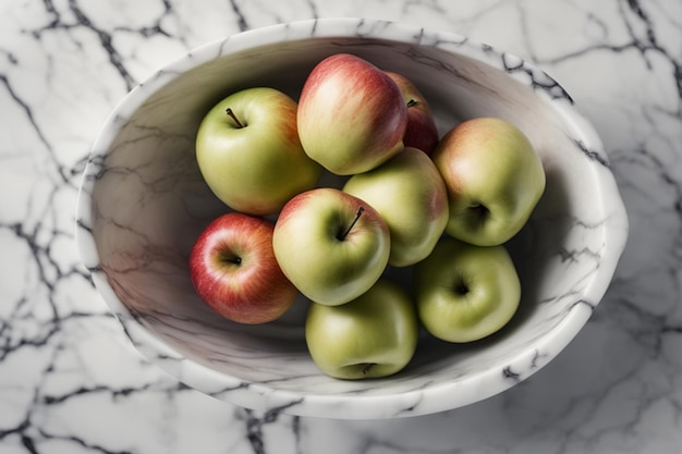 Äpfel in einer weißen Marmorschale auf einem weißen Marmortisch, Ansicht von oben, realistische Detailansicht