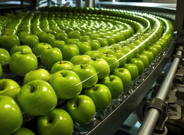 Äpfel werden auf einem Förderband in einer Obstfabrik sortiert