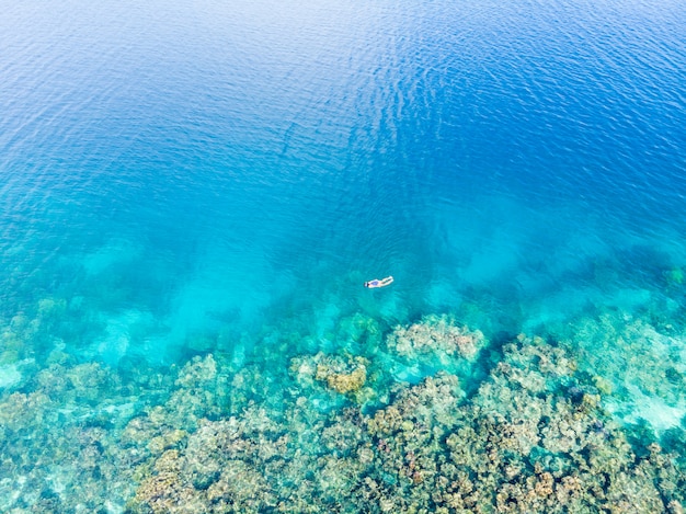 Aéreo de arriba abajo, personas que bucean en el arrecife de coral del mar caribe tropical, agua azul turquesa