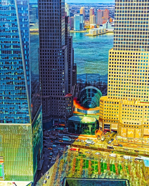 Aerial Stadtbild zum National September 11 Memorial - 9/11 - des Financial District in Lower Manhattan. New York City. Skyline, USA. Amerikanisches Gebäude. Panoramablick. Panorama der Metropole New York