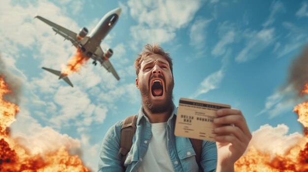 Foto aerofobia medo de voar de avião conceito de pessoa em pânico medo de avião segurando embarque