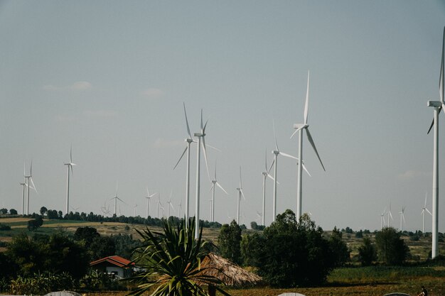 Aerogenerador blanco en medio de la pradera.