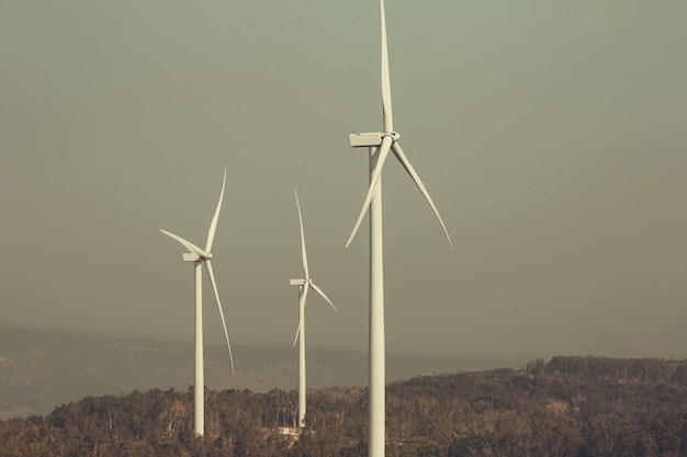 Aerogenerador sobre la hierba marrón sobre la montaña el azul nublado