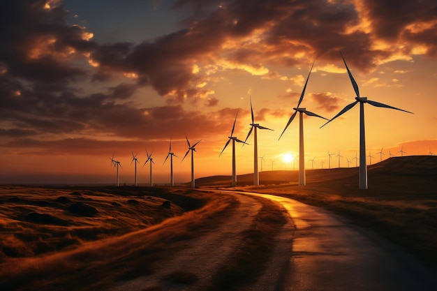 Aerogeneradores al atardecer IA generativa