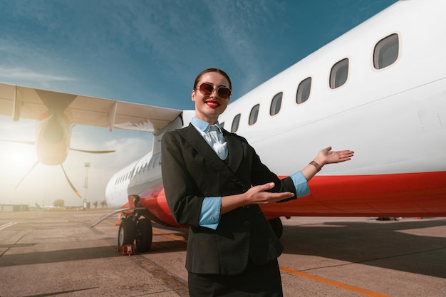 Aeromoça em pé perto do avião e convidando a bordo