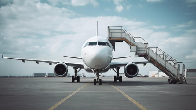 Aeronaves estacionadas na pista com escadas de embarque configuradas AI Gerado