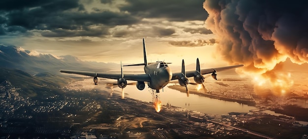 Aeronaves militares contra as explosões de nuvens do céu escuro no chão Ilustração militar AI Generative