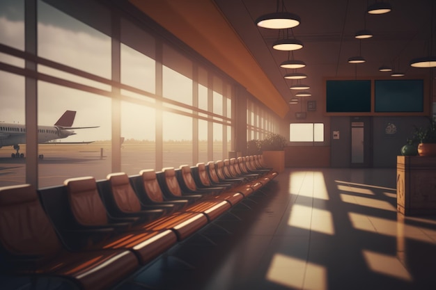 Aeroporto com lâmpadas de telas de assentos e avião fora da janela criado usando tecnologia de IA generativa