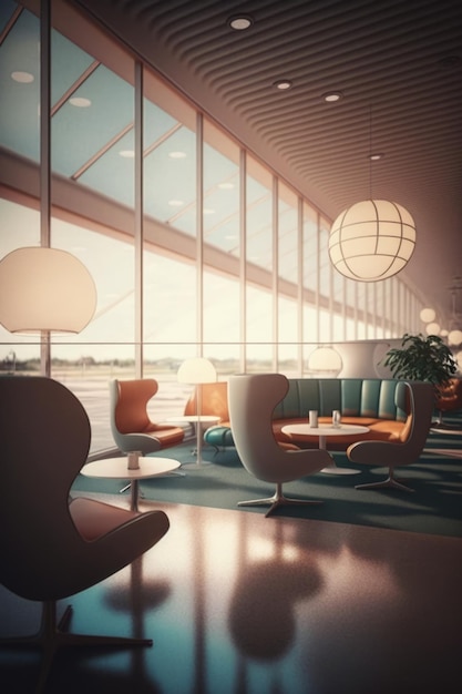 Aeroporto com luminárias de sofás e poltronas e avião fora da janela criado usando tecnologia de IA generativa