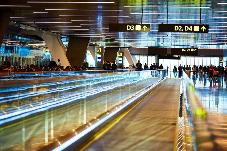 Foto aeroporto de viagem e terminal de partida ou chegada com sinalização da porta de embarque ou passageiro para imigração caminho de passagem e pessoas na área de espera para voo internacional ou atraso no voo
