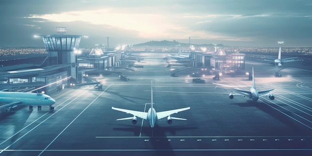 Aeroporto futurista com tecnologia avançada e aviões decolando e pousando em uma pista movimentada Generative AI