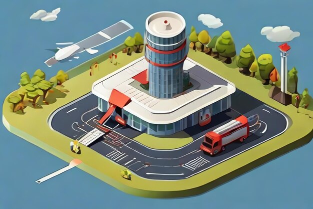 Aeroporto Isométrico há um edifício de radar e um edifício da Brigada de Bombeiros