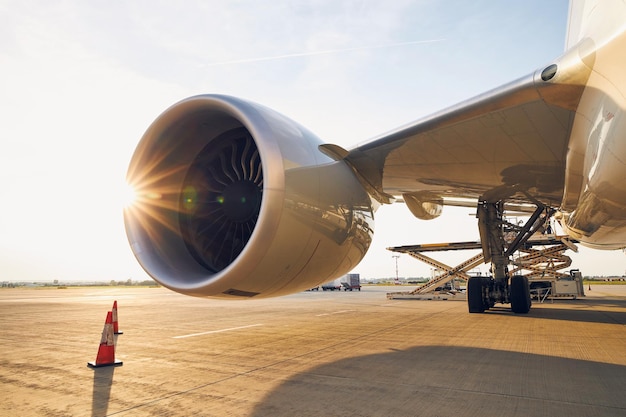 Aeroporto ocupado ao pôr-do-sol grande motor a jato contra a carga de contêineres de carga para o avião