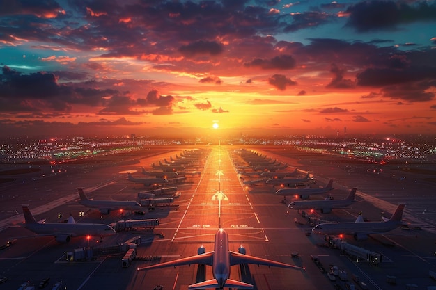 Foto aeropuerto con muchos aviones en una hermosa puesta de sol aeropuerto con muchos aviones en un hermoso atardecer