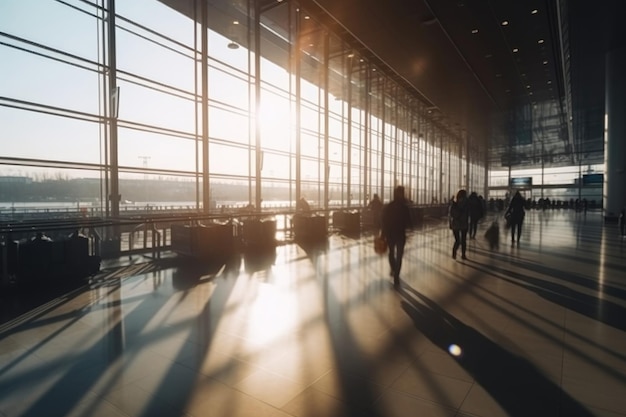 Aeropuerto o terminal de tren iluminado por el sol atravesado por pasajeros AI Contenido generado