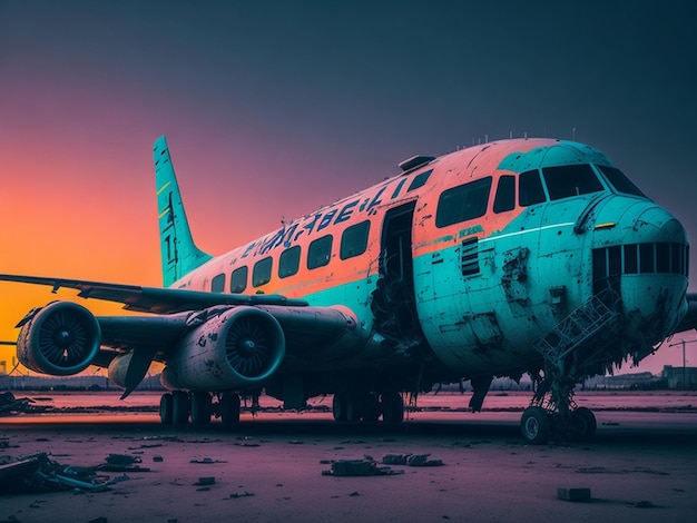 Aeropuerto en ruinas con avión abandonado en colores de neón post-apocalíptico