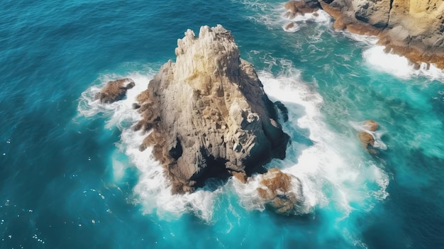 Aerotransportado ver Roca colosal partes internas el mar Blancas olas espumosas lavan la piedra de todos lados Sheersetting costa Generado por IA