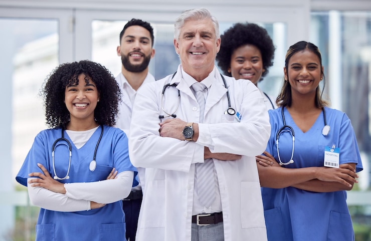 Foto ärzte, krankenschwestern und verschränkte arme porträtieren in einem diversity-krankenhaus über uns oder die führung von menschen, vertrauen auf die gemeinschaft oder unterstützen lächeln sie glücklich und selbstbewusst im gesundheitswesen bei der zusammenarbeit im team