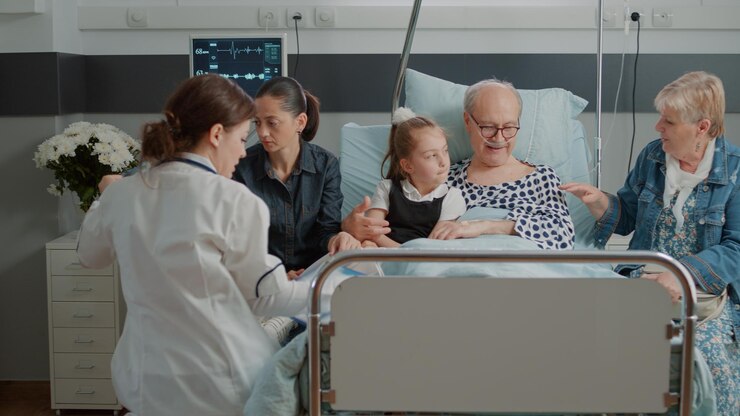 Foto ärzte und menschen sitzen im krankenhaus