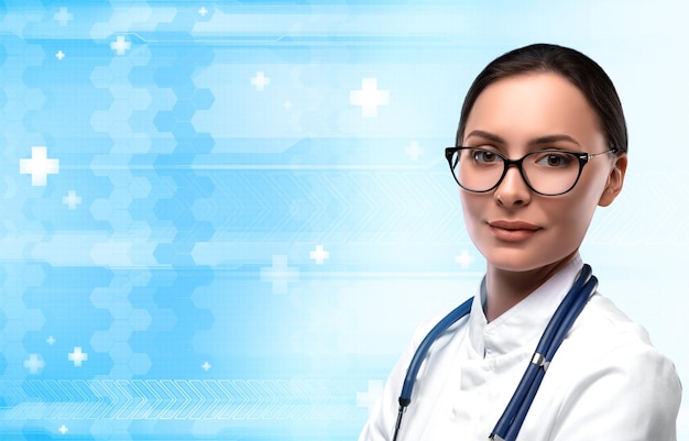 Ärztin auf blauem und weißem futuristischem Hintergrund mit Medizinsymbolen