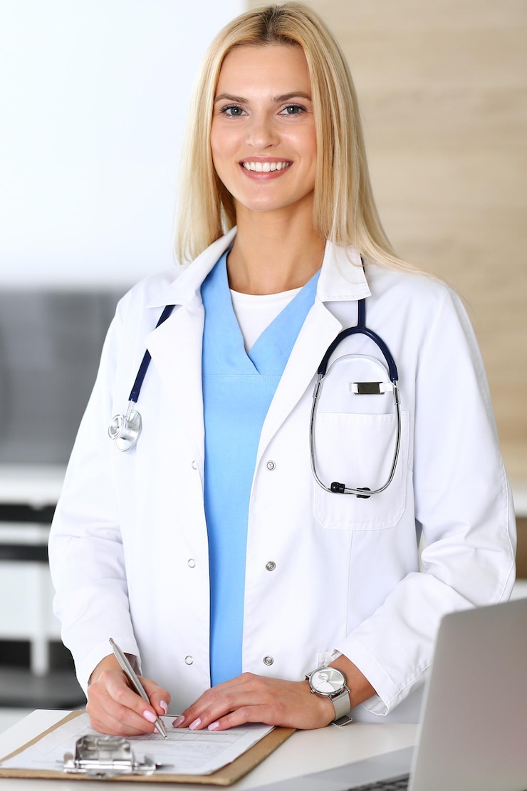 Foto ärztin bei der arbeit im krankenhaus aufgeregt und glücklich über ihren beruf blonde ärztin kontrolliert aufzeichnungen über die medikamentenhistorie und untersuchungsergebnisse medizin- und gesundheitskonzept
