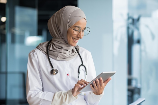 Ärztin im hijab arbeitet in einem modernen klinikbüro muslimische ärztin verwendet tablet-computer-krankenschwester