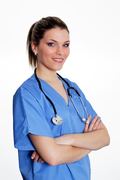 Ärztin in blauer Uniform mit Stethoskop
