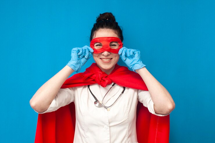 Ärztin in Uniform im Superman-Kostüm auf blauem Hintergrund. Krankenschwester setzt Superheldenmaske auf