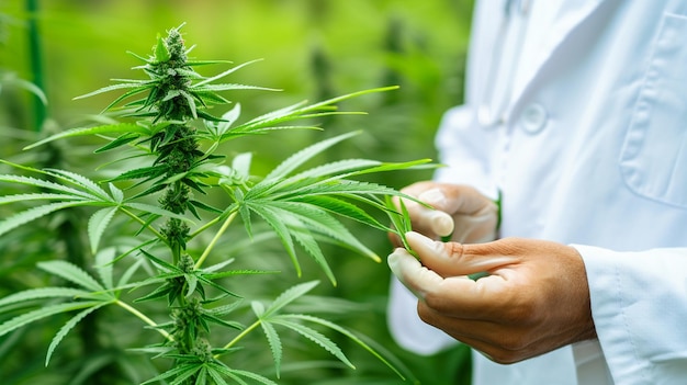 Foto Ärztin mit grüner cannabispflanze