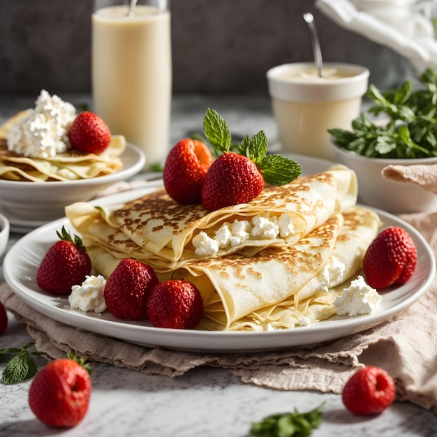 Foto Ästhetisch schöne crêpes mit hüttenkäse