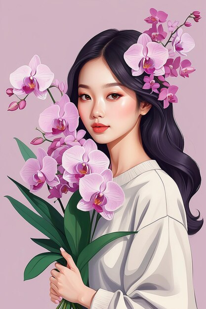 Ästhetische Illustration einer asiatischen Frau mit einem Orchidee-Bouquet Generative KI