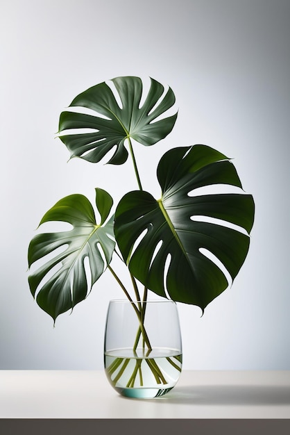 Ästhetische Monstera-Blätter im transparenten Glastopf mit schlichtem Hintergrund
