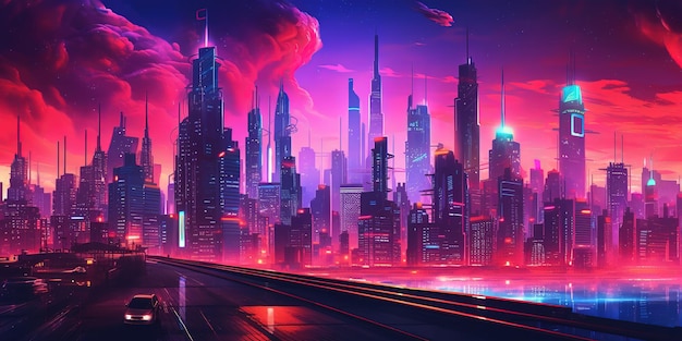 Ästhetische Synthwave-Retrowave-Tapete mit Stadtbild und coolem und lebendigem Neon-Design