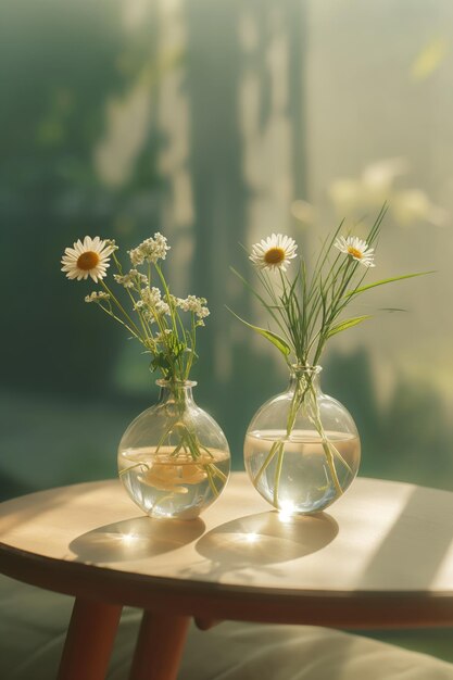 Foto Ästhetische zusammensetzung von wildblumen in einer vase, die durch warmes sonnenlicht hervorgehoben wird