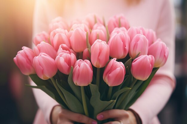 Foto Ästhetisches bild eines großen bouquets frischer rosa tulpen in den händen einer schönen frau