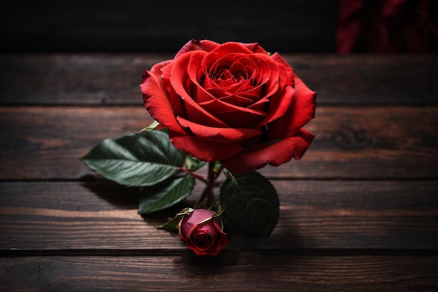 Ästhetisches Foto einer roten Rose, die flach auf einem Holztisch liegt